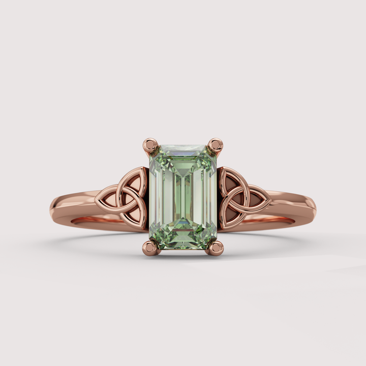 Saoirse - Emerald Cut Green Lab Grown Diamond Celtic Inspired Trinity Knot Made-to-Order Engagement Ring