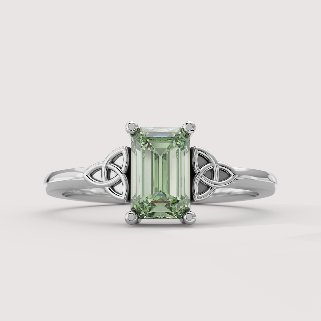 Saoirse - Emerald Cut Green Lab Grown Diamond Celtic Inspired Trinity Knot Made-to-Order Engagement Ring