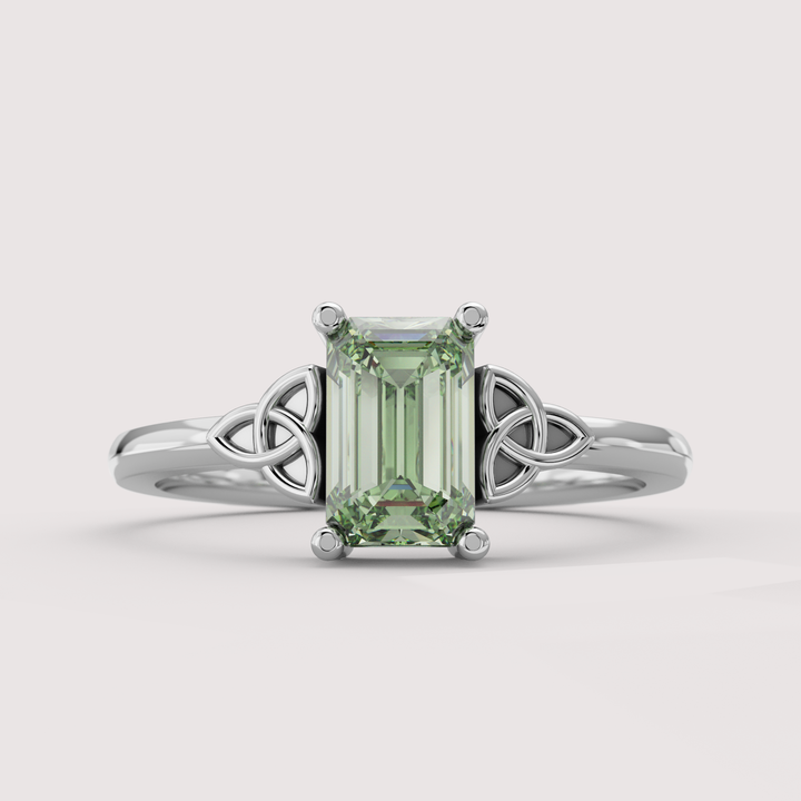 Saoirse - Emerald Cut Green Lab Grown Diamond Celtic Inspired Trinity Knot Made-to-Order Engagement Ring
