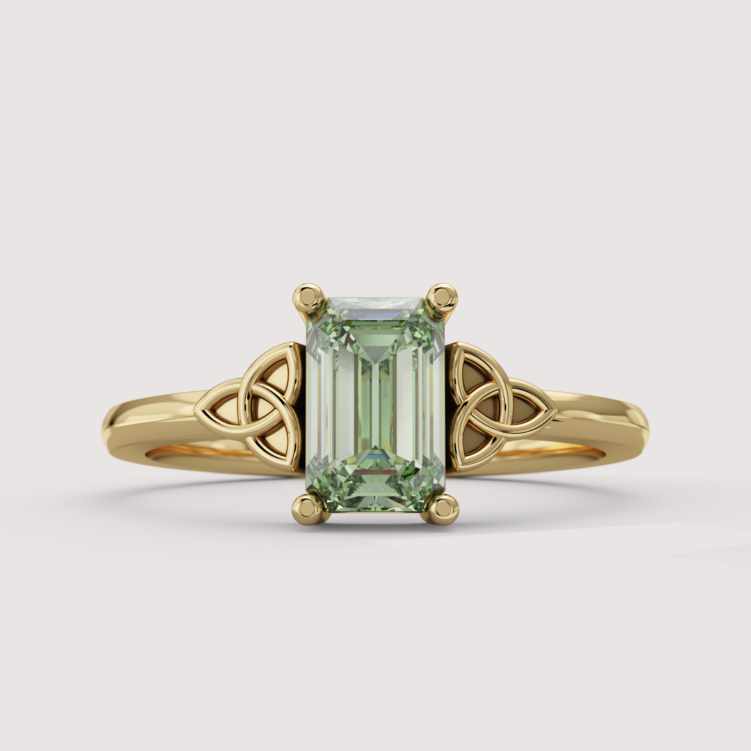 Saoirse - Emerald Cut Green Lab Grown Diamond Celtic Inspired Trinity Knot Made-to-Order Engagement Ring
