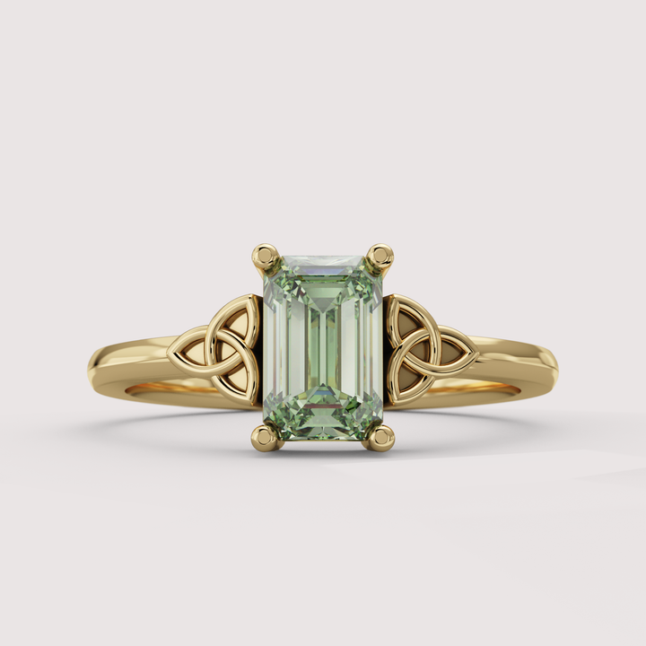 Saoirse - Emerald Cut Green Lab Grown Diamond Celtic Inspired Trinity Knot Made-to-Order Engagement Ring