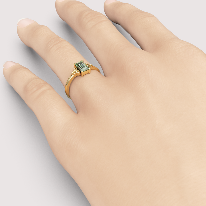 Saoirse - Emerald Cut Green Lab Grown Diamond Celtic Inspired Trinity Knot Made-to-Order Engagement Ring