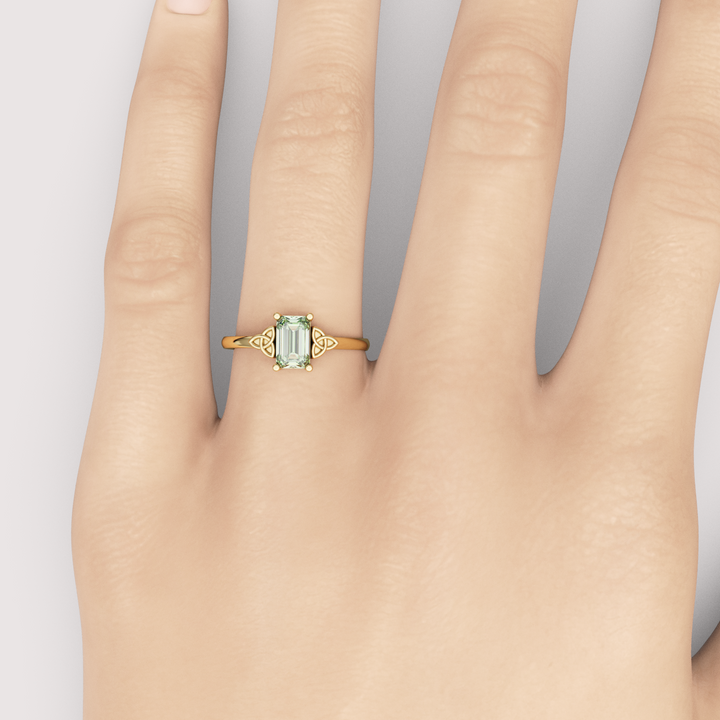 Saoirse - Emerald Cut Green Lab Grown Diamond Celtic Inspired Trinity Knot Made-to-Order Engagement Ring