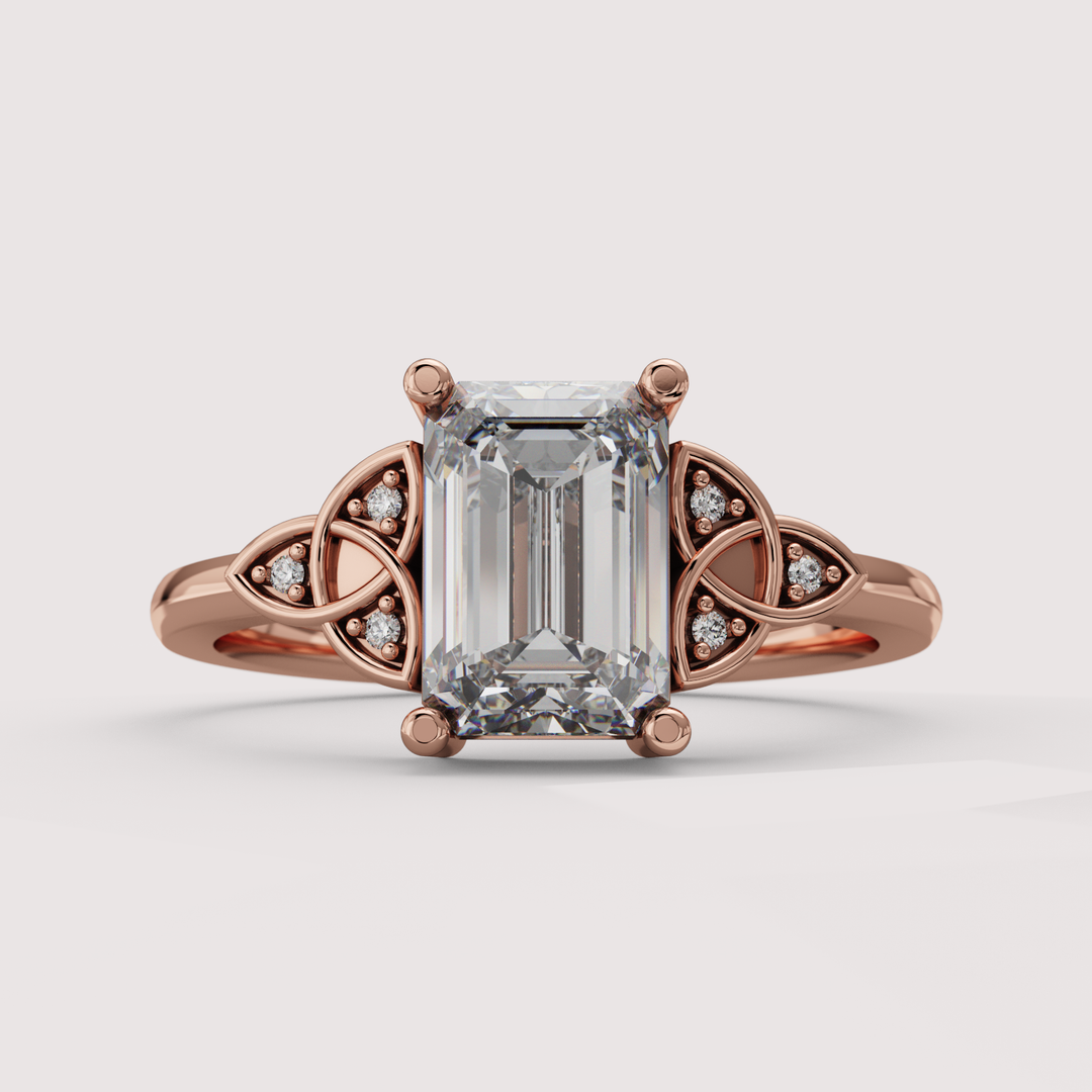Saoirse - Emerald Cut Lab Grown Diamond Celtic Inspired Diamond Set Trinity Knot Made-to-Order Engagement Ring
