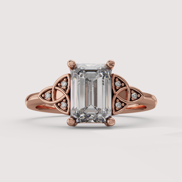 Saoirse - Emerald Cut Lab Grown Diamond Celtic Inspired Diamond Set Trinity Knot Made-to-Order Engagement Ring