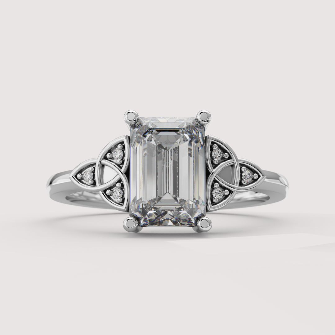 Saoirse - Emerald Cut Lab Grown Diamond Celtic Inspired Diamond Set Trinity Knot Made-to-Order Engagement Ring