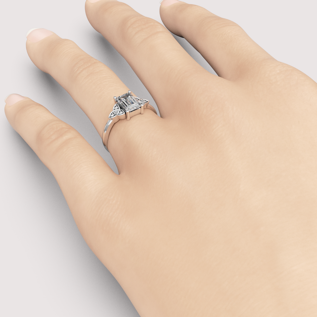 Saoirse - Emerald Cut Lab Grown Diamond Celtic Inspired Diamond Set Trinity Knot Made-to-Order Engagement Ring