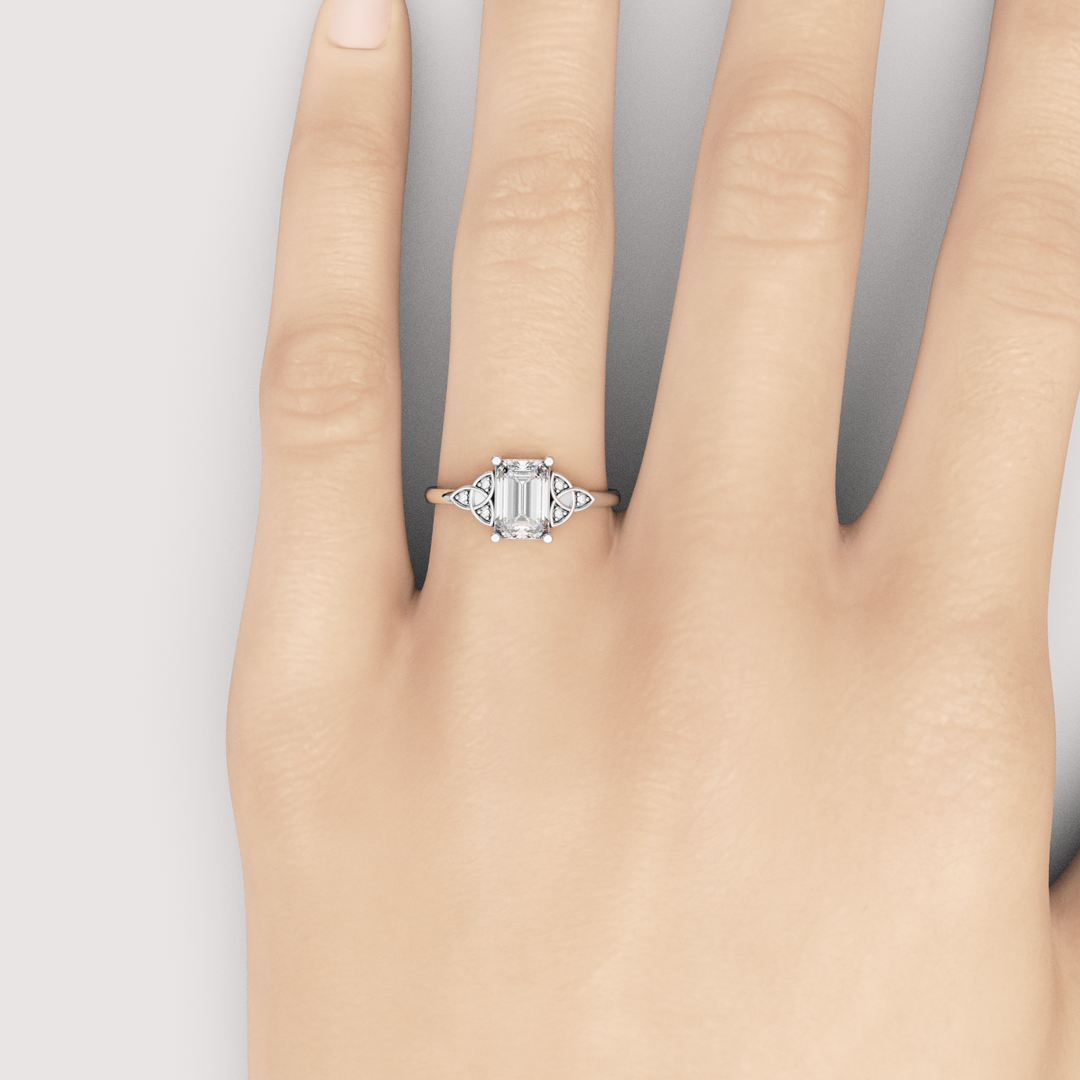 Saoirse - Emerald Cut Lab Grown Diamond Celtic Inspired Diamond Set Trinity Knot Made-to-Order Engagement Ring