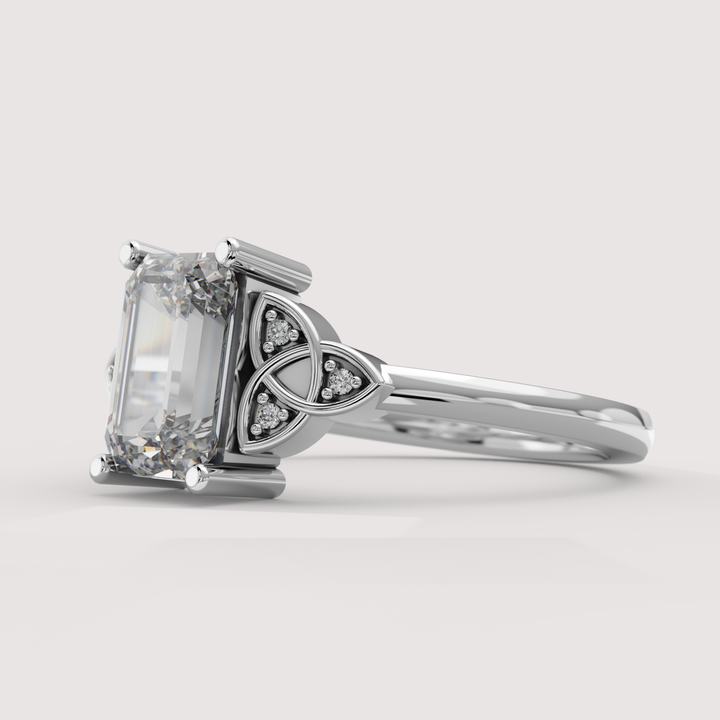 Saoirse - Emerald Cut Lab Grown Diamond Celtic Inspired Diamond Set Trinity Knot Made-to-Order Engagement Ring
