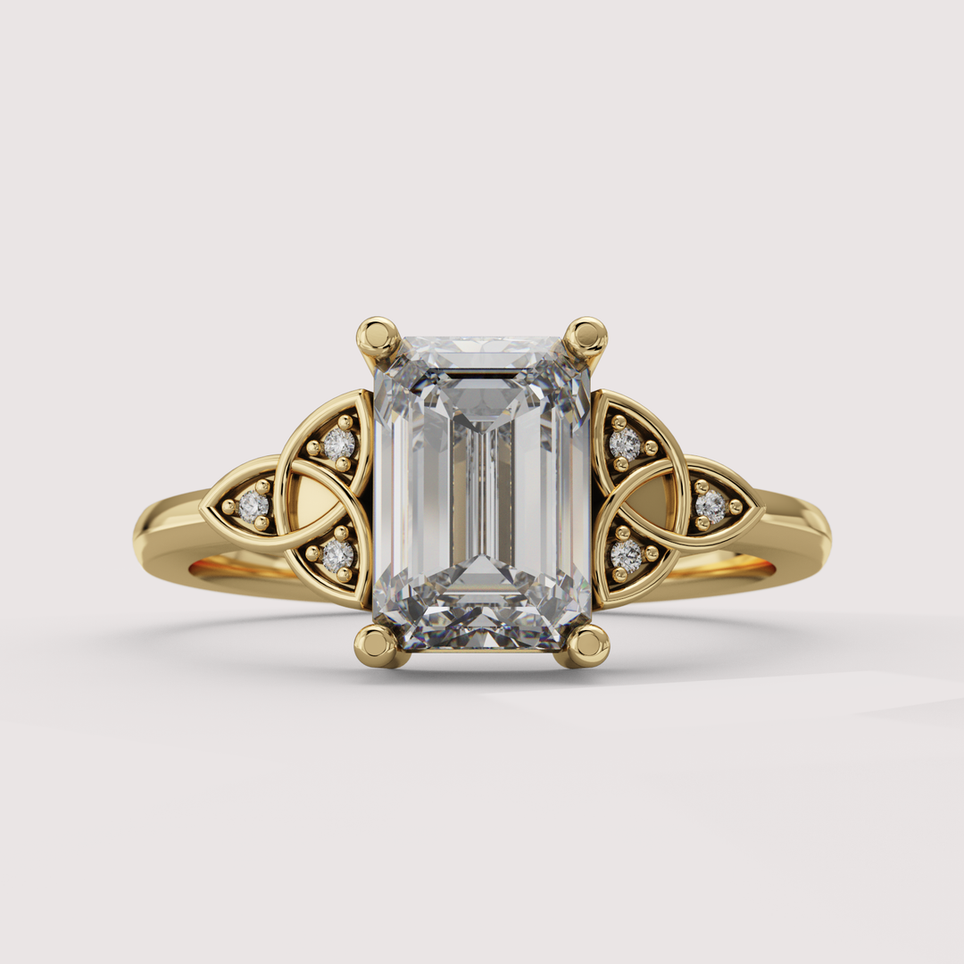 Saoirse - Emerald Cut Lab Grown Diamond Celtic Inspired Diamond Set Trinity Knot Made-to-Order Engagement Ring