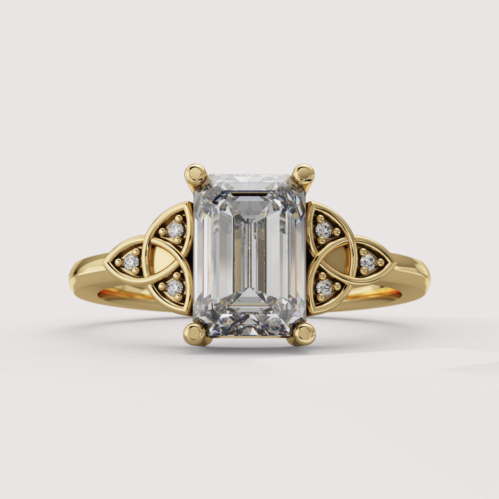 Saoirse - Emerald Cut Lab Grown Diamond Celtic Inspired Diamond Set Trinity Knot Made-to-Order Engagement Ring