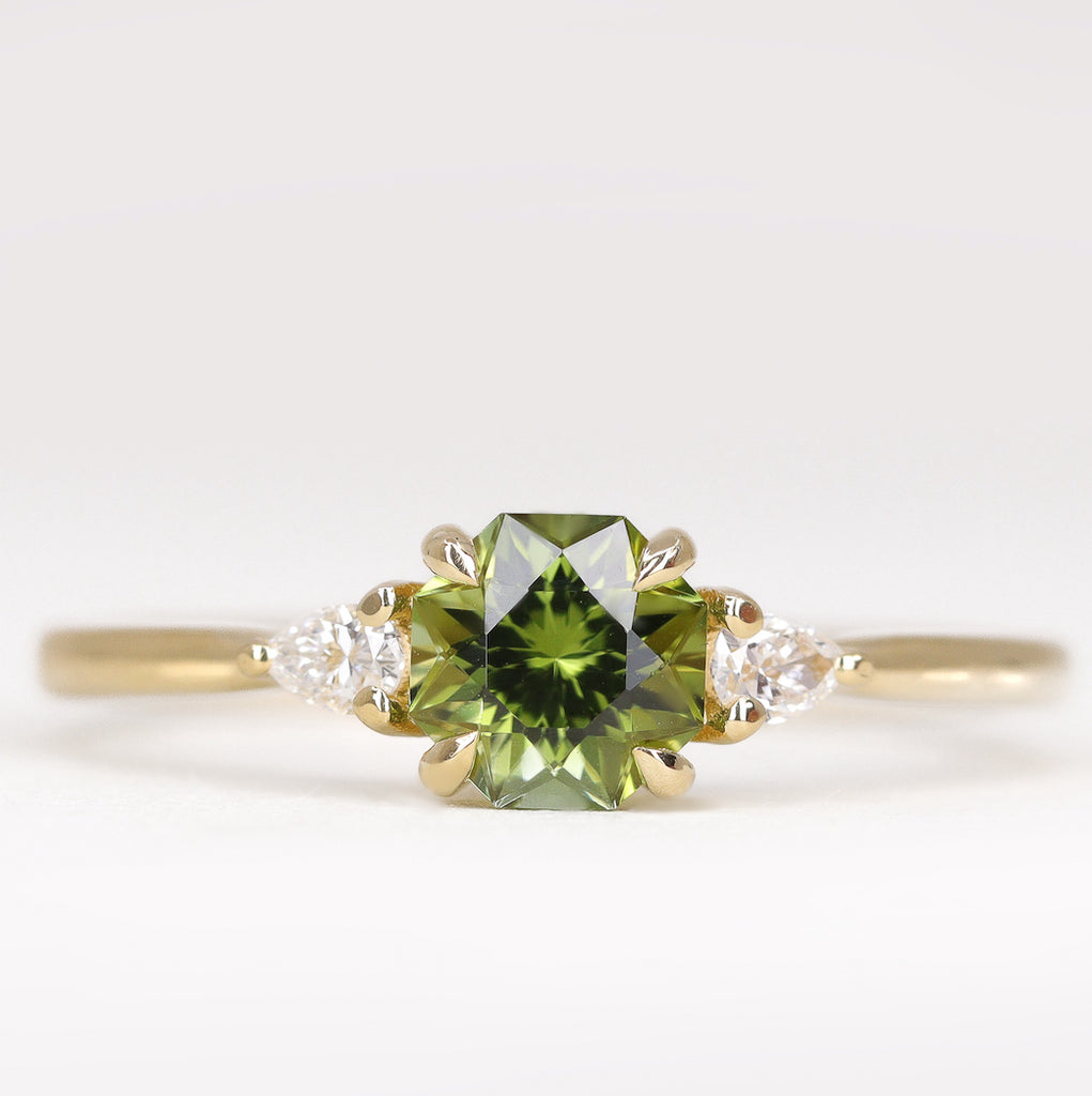 Elspeth - Green Fancy Cut Octagon Tourmaline and Diamond Trilogy Custom Engagement Ring Engagement Rings - Price On Application