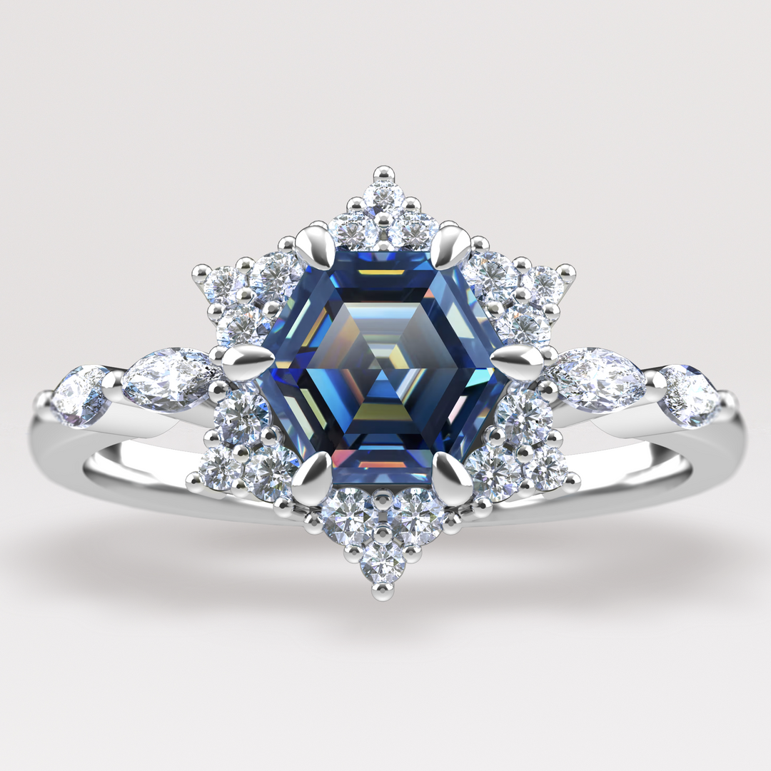 Daisy - The Taylor Collection - Hexagon Cut Blue Moissanite Cluster Halo Engagement Ring Engagement Rings - Price On Application