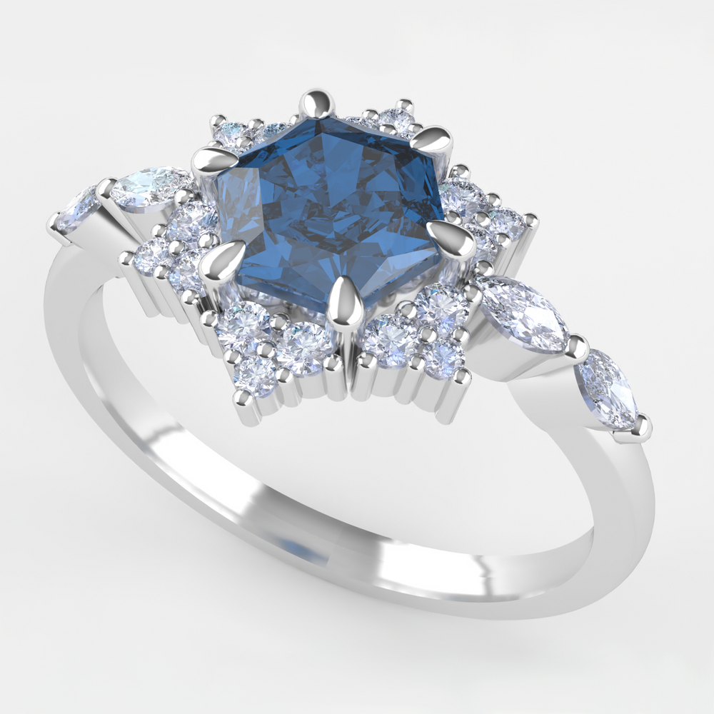 Daisy - The Taylor Collection - Hexagon Cut Blue Moissanite Cluster Halo Engagement Ring Engagement Rings - Price On Application