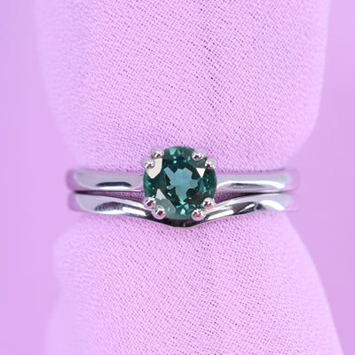 Sophia & Peggy or Clara - Bridal Set - Teal Sapphire Solitaire Ring with Waved or Wishbone Wedding Ring - Made-to-Order