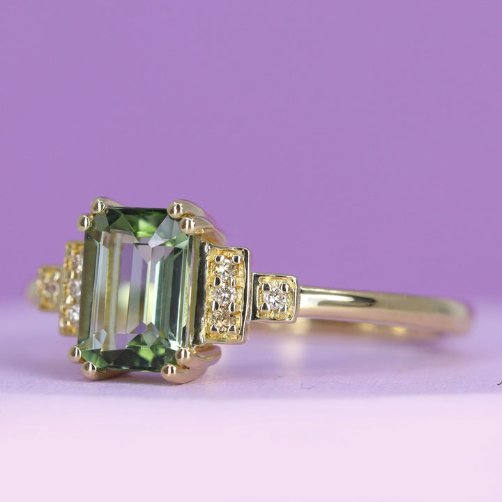 Grace - Emerald Cut Green Tourmaline Cluster Engagement Ring - Ready-to-Wear