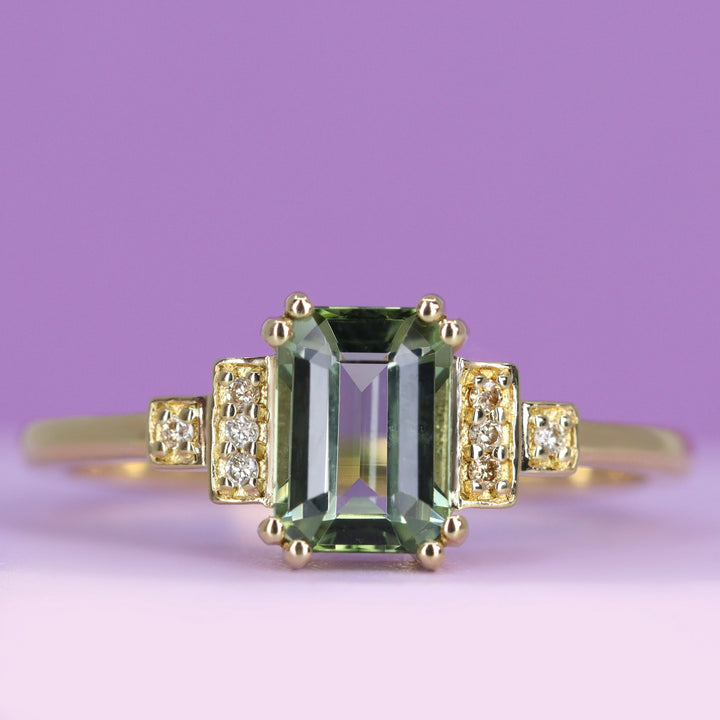 Grace - Emerald Cut Green Tourmaline Cluster Engagement Ring - Ready-to-Wear