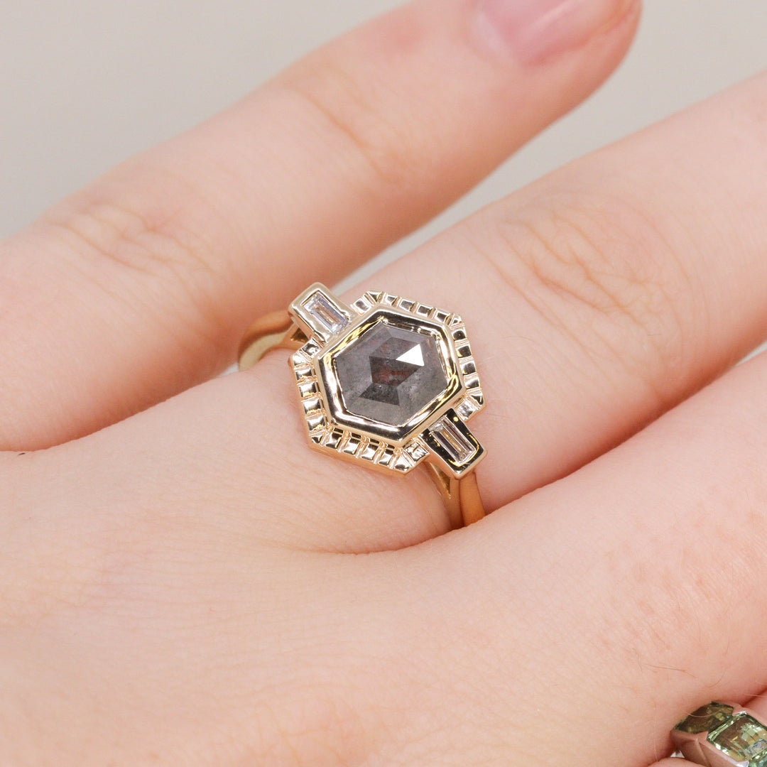 Olivia - Hexagon Salt & Pepper Diamond Art Deco Sunbeam Halo Engagement Ring - Ready-to-Wear