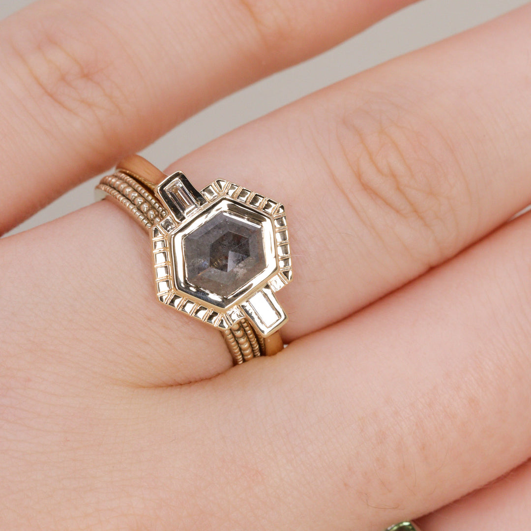 Olivia - Hexagon Salt & Pepper Diamond Art Deco Sunbeam Halo Engagement Ring - Ready-to-Wear