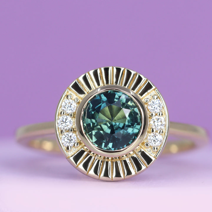 Addison - Teal Sapphire Art Deco Halo Engagement Ring - Ready-to-Wear