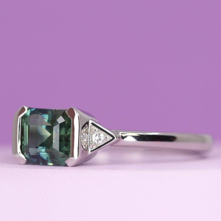 Hattie - Emerald Cut Teal Sapphire and Lab Grown Diamond Art Deco Vintage Inspired Engagement Ring in Platinum - Ready-To-Wear