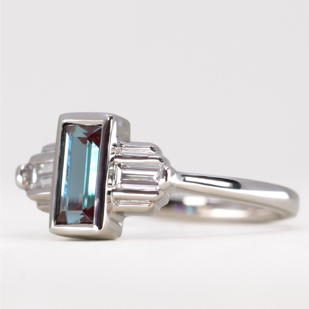 Esther - Baguette Cut Lab Grown Alexandrite Art Deco Engagement Ring