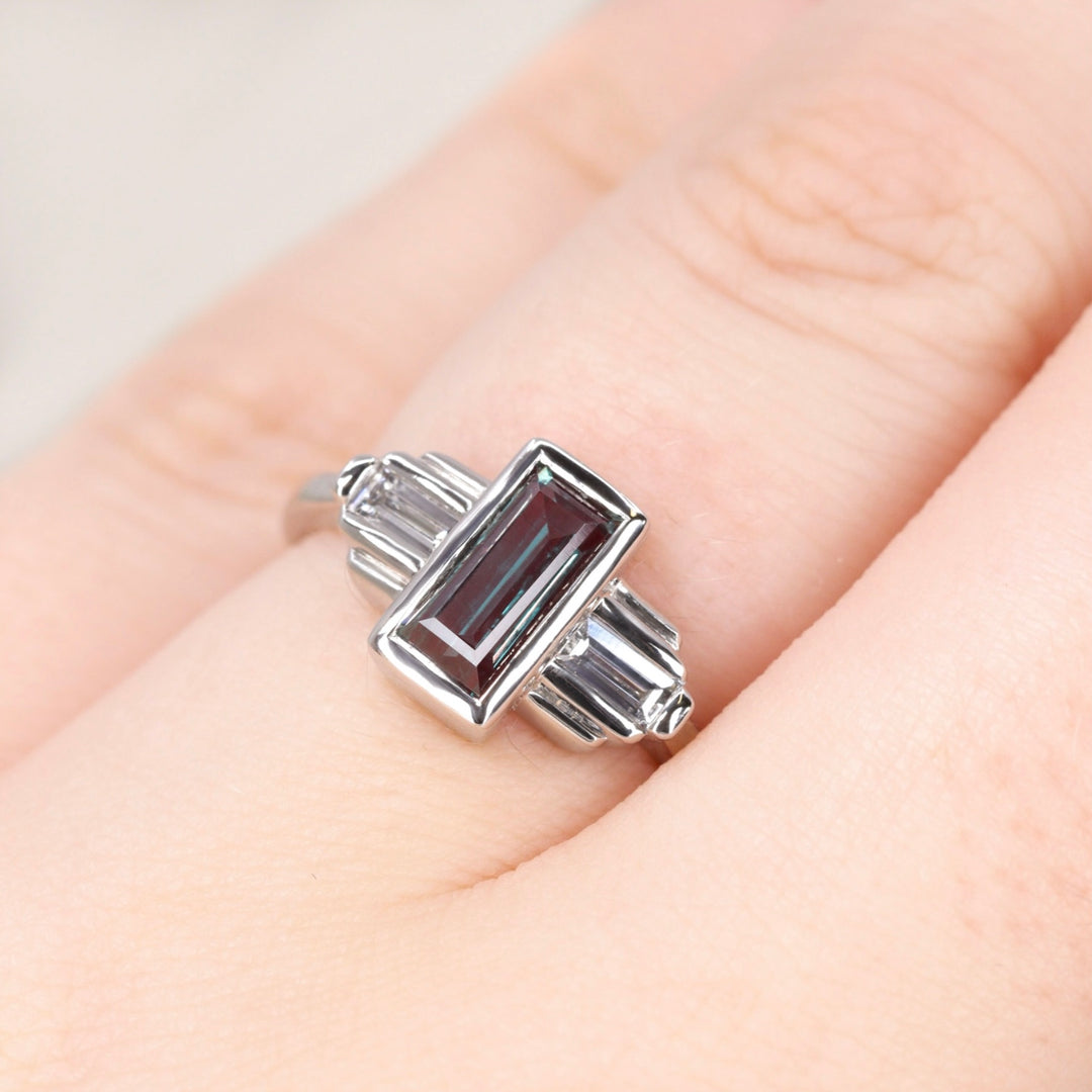 Esther - Baguette Cut Lab Grown Alexandrite Art Deco Engagement Ring