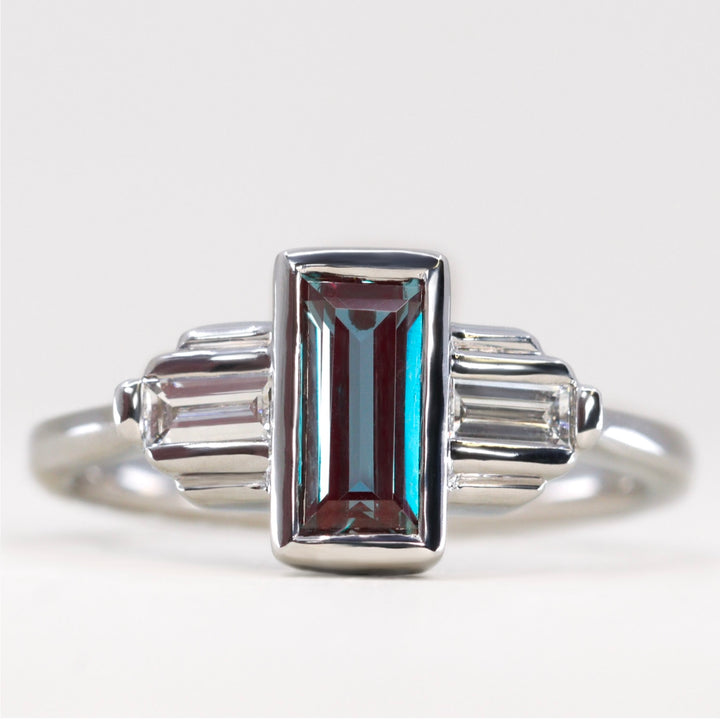 Esther - Baguette Cut Lab Grown Alexandrite Art Deco Engagement Ring