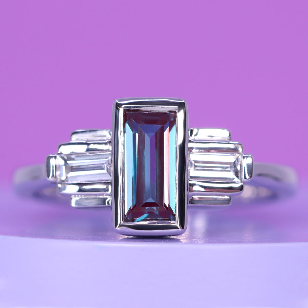 Esther - Baguette Cut Lab Grown Alexandrite and Earth Grown Baguette Diamond Art Deco Antique-Inspired Engagement Ring in Recycled 14ct White Gold - Ready-to-Wear