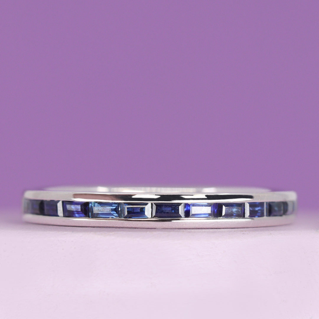 Zara - Channel Set Baguette Blue Sapphire Half Eternity Ring - Made-to-Order