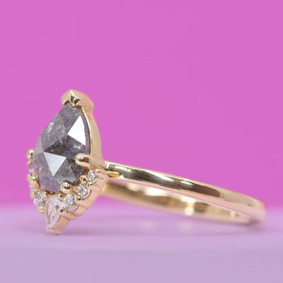 Celeste - Pear Cut Salt and Pepper Diamond Engagement Ring with Diamond Set Crown in 18ct Yellow Gold - Ready-to-Wear
