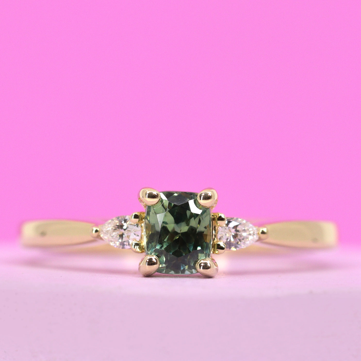 Elspeth - Cushion Cut Green Teal Sapphire and Pear Shaped Lab Grown Diamond Trilogy Engagement Ring - Custom Made-to-Order Design