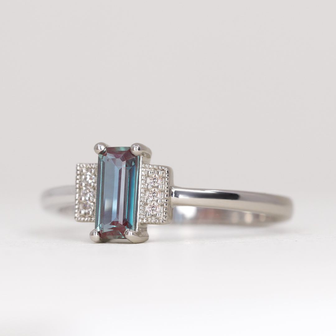 Marina - Emerald Cut Lab Grown Alexandrite Art Deco Engagement Ring - Ready-to-Wear