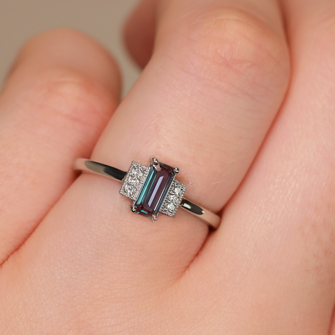 Marina - Emerald Cut Lab Grown Alexandrite Art Deco Engagement Ring - Ready-to-Wear