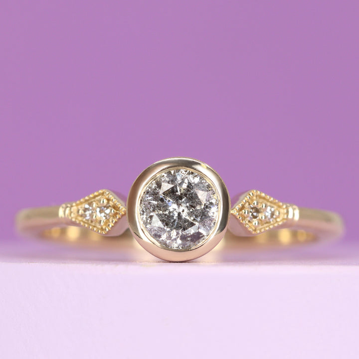 Lola - Dainty Deco Collection - Round Brilliant Cut Salt and Pepper Diamond Art Deco Inspired Bezel Set Engagement Ring in 14ct Yellow Gold - Ready-to-Wear