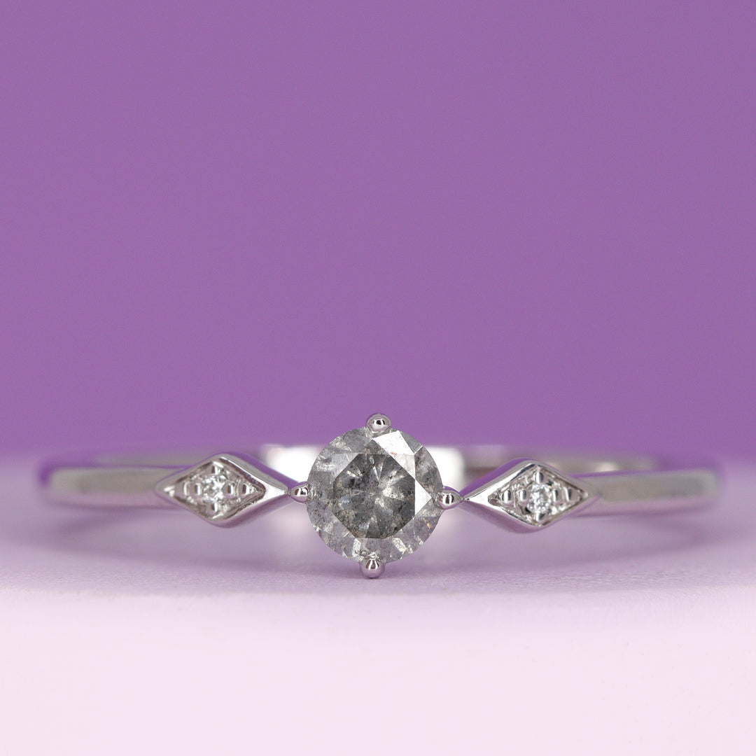 Hollie - Dainty Deco Collection - Round Brilliant Cut Salt and Pepper Diamond Engagement Ring - Made-to-Order
