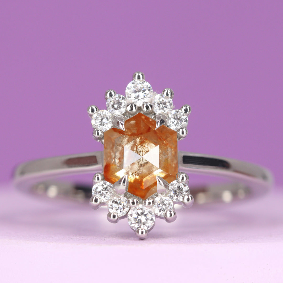 Ariana - Hexagon Fancy Orange Salt and Pepper Diamond Ring with Double Diamond Set Crown - Made-to-Order