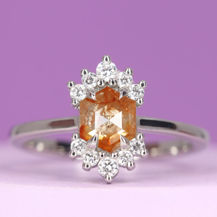 Ariana - Hexagon Fancy Orange Salt and Pepper Diamond Ring with Double Diamond Set Crown - Made-to-Order