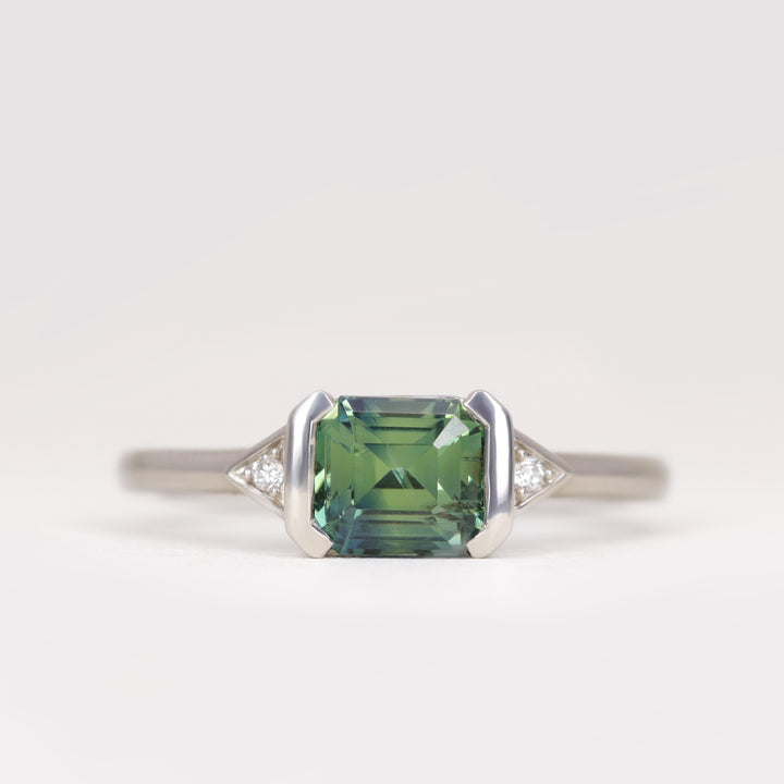 Hattie - Emerald Cut Teal Sapphire Art Deco Trilogy Engagement Ring - Ready-To-Wear