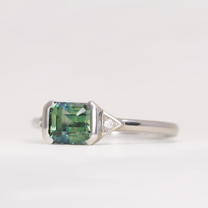 Hattie - Emerald Cut Teal Sapphire Art Deco Trilogy Engagement Ring - Ready-To-Wear