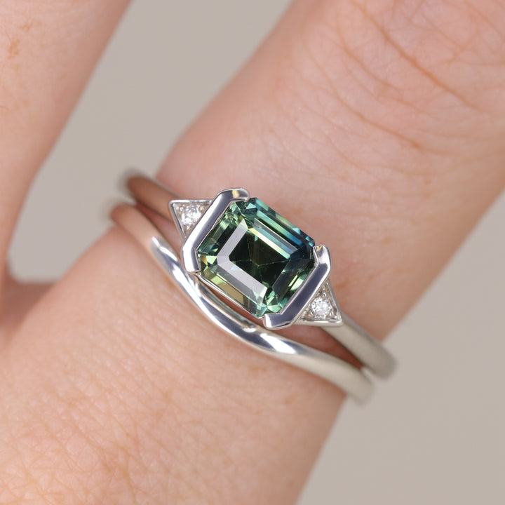 Hattie - Emerald Cut Teal Sapphire Art Deco Trilogy Engagement Ring - Ready-To-Wear