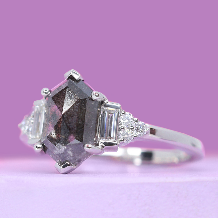 Arden - Elongated Hexagon Salt and Pepper Diamond Art Deco Engagement Ring with Lab Grown Diamond Side Stones - Made-To-Order