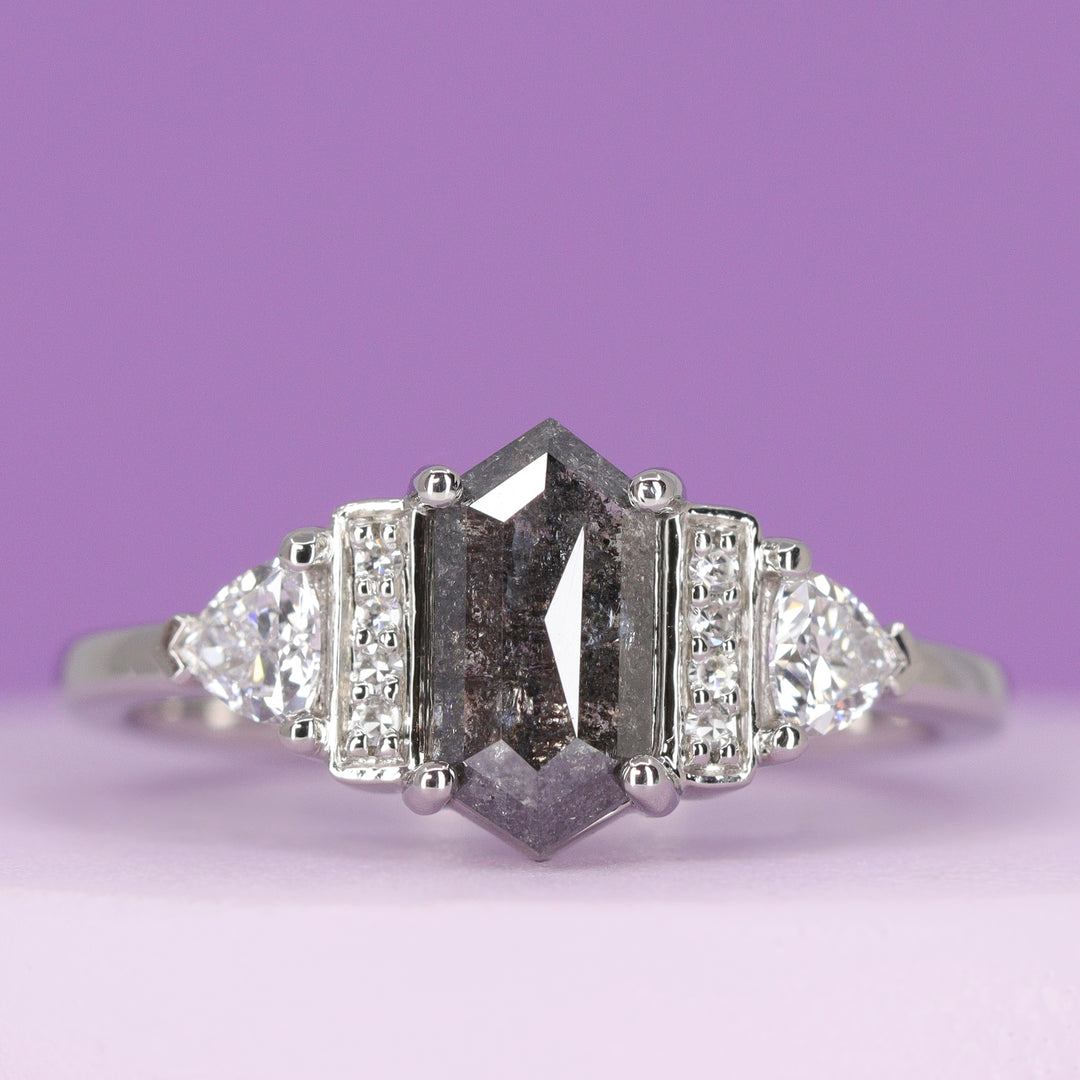 Ophelia -  Elongated Hexagon Salt & Pepper Diamond Art Deco Engagement Ring - Custom Made-to-Order Design