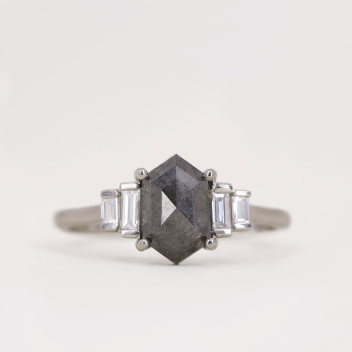 Erin - Hexagon Salt and Pepper Diamond Art Deco Engagement Ring - Ready-to-Wear