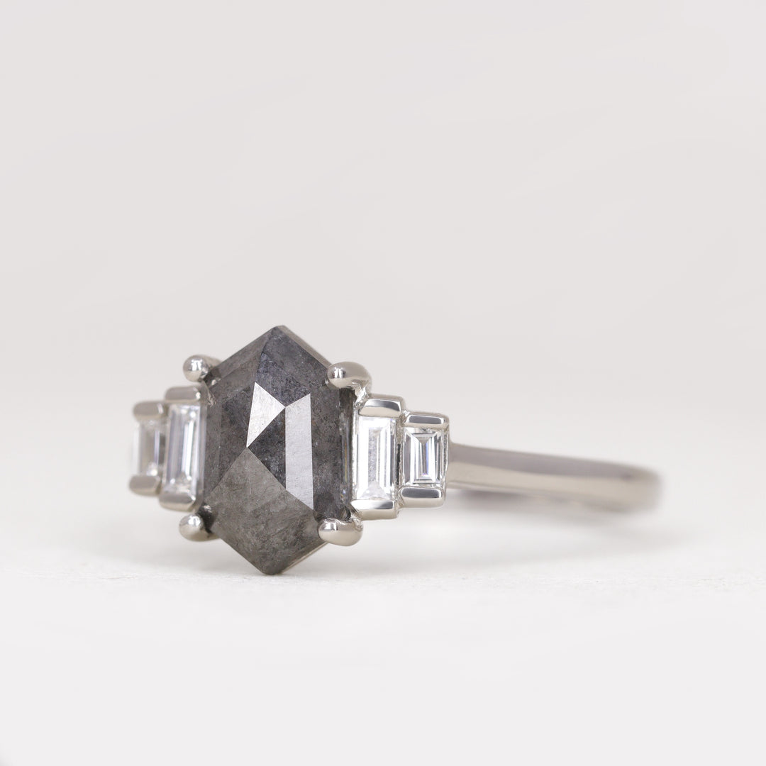 Erin - Hexagon Salt and Pepper Diamond Art Deco Engagement Ring - Ready-to-Wear