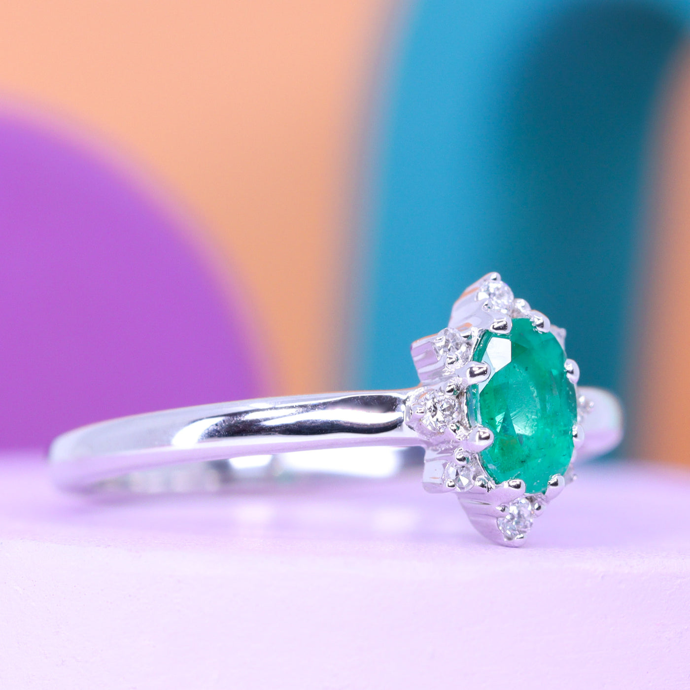 Mabel - Oval Cut Emerald with Lab or Earth Grown Diamond Halo Engagement Ring - Made-to-Order