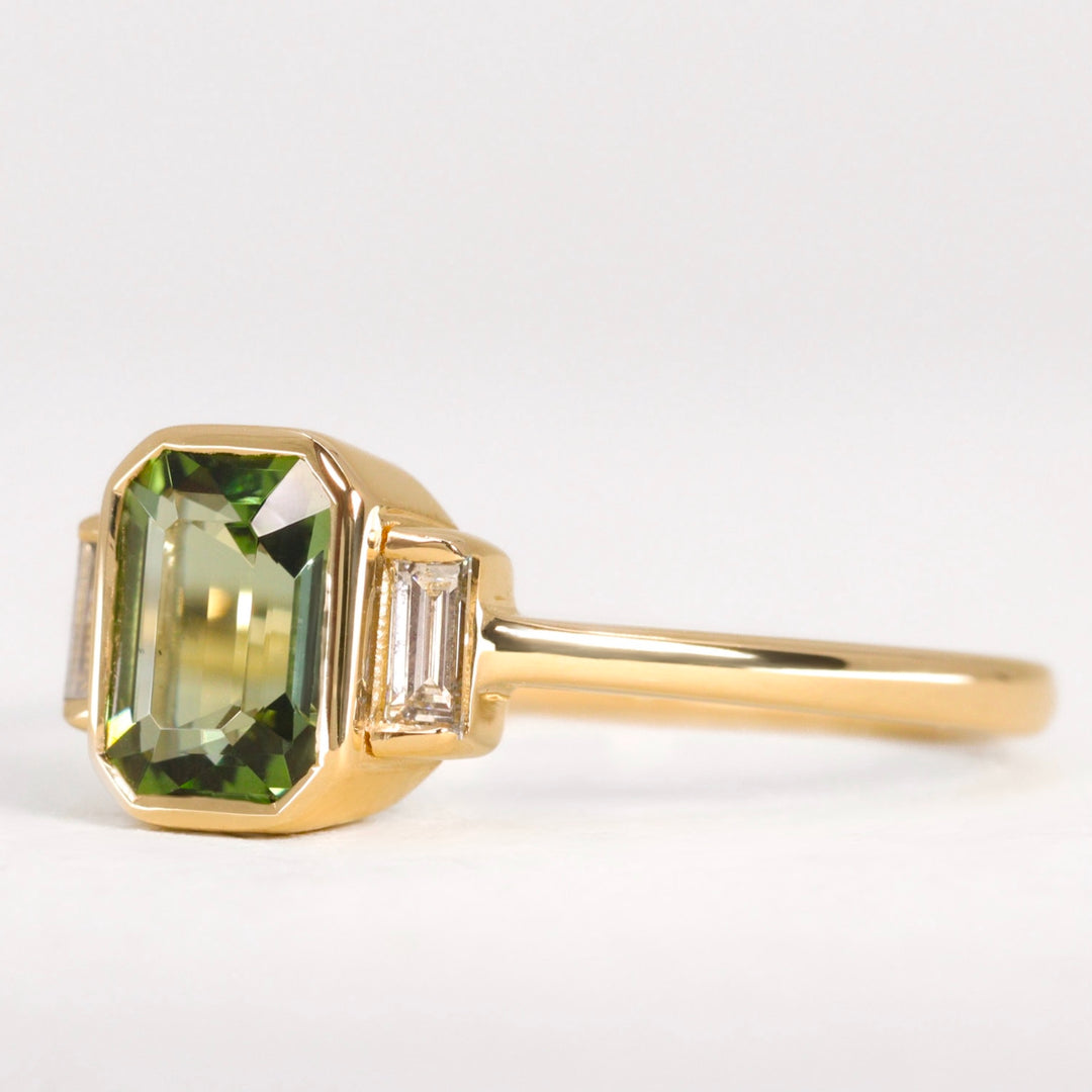 Emerald cut tourmaline engagement ring