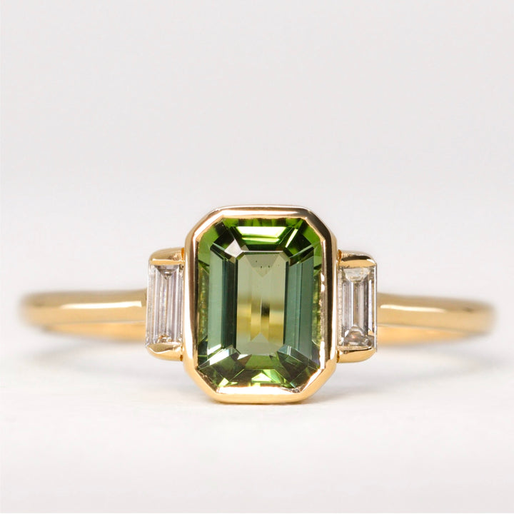 Green emerald cut tourmaline engagement ring