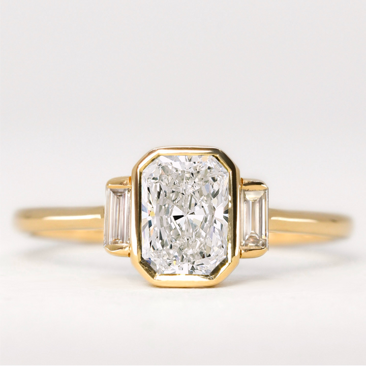 Phoebe - Radiant Cut Lab Grown Diamond Bezel Set Art Deco Trilogy Engagement Ring