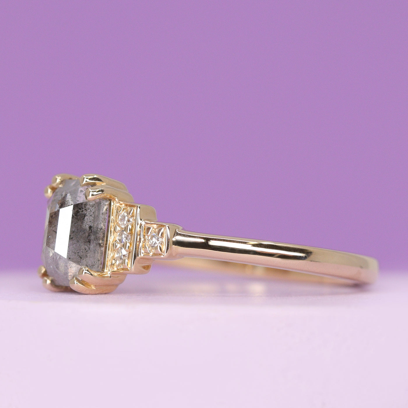 Grace Emerald Cut Salt and Pepper Diamond Engagement Ring with Diamo